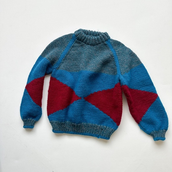 Handmade Other - Retro Vibe Hand-knit Crewneck Sweater Blue/Burgundy - Size 3-4T